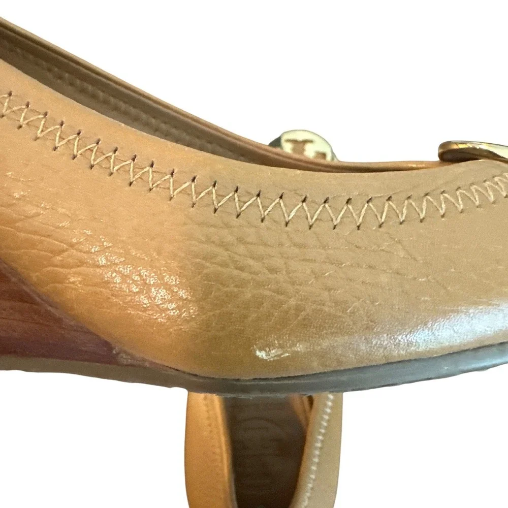Tory Burch Sally 2 Wedge Pumps Tan Brown Leather Gold Logo Size 7